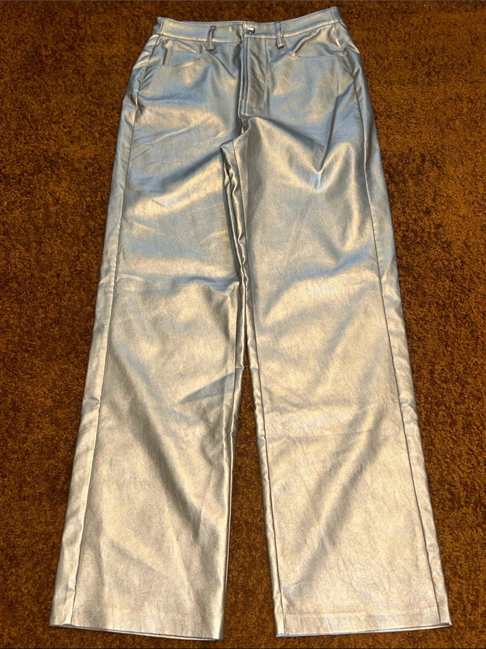 Wayf Silver Metallic Straight-Leg Pants